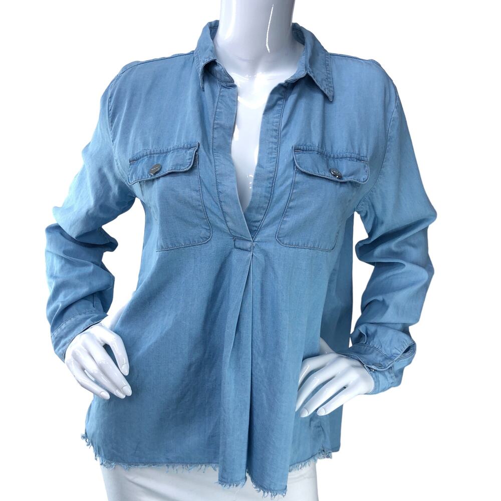 Max & Moi Womens Size 36 US S Chambray Popover Top Utility Raw Hem *TINY FLAW